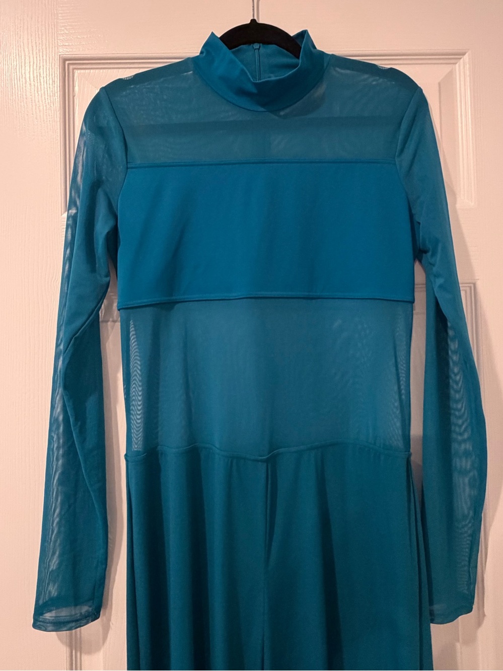 Balera Teal Long-Sleeve Mock Neck "Culotte" Unitard with Mesh - Picture 3 of 7